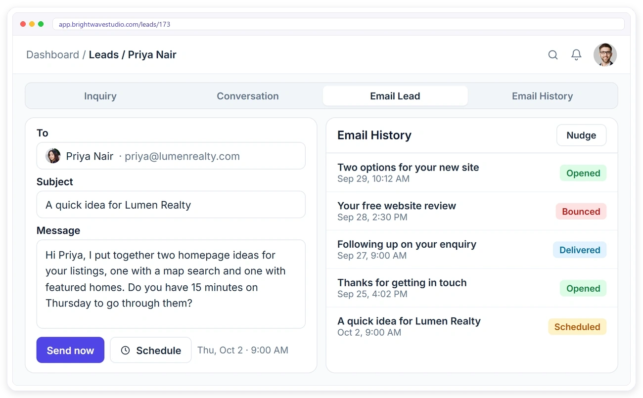 Emailing a lead from Clientish with send now or schedule, and email history showing opened, delivered, bounced and scheduled emails