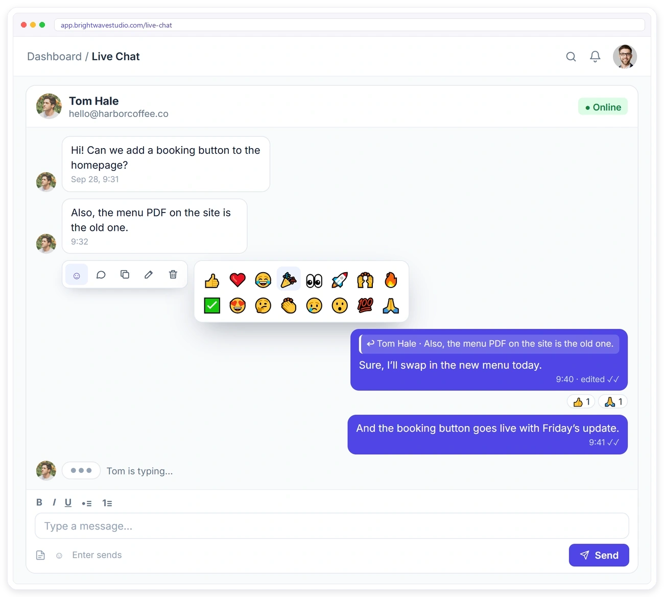 Live chat message actions in Clientish: emoji reactions, reply, copy, edit and delete, with the client typing Live chat message actions in Clientish: emoji reactions, reply, copy, edit and delete, with the client typing