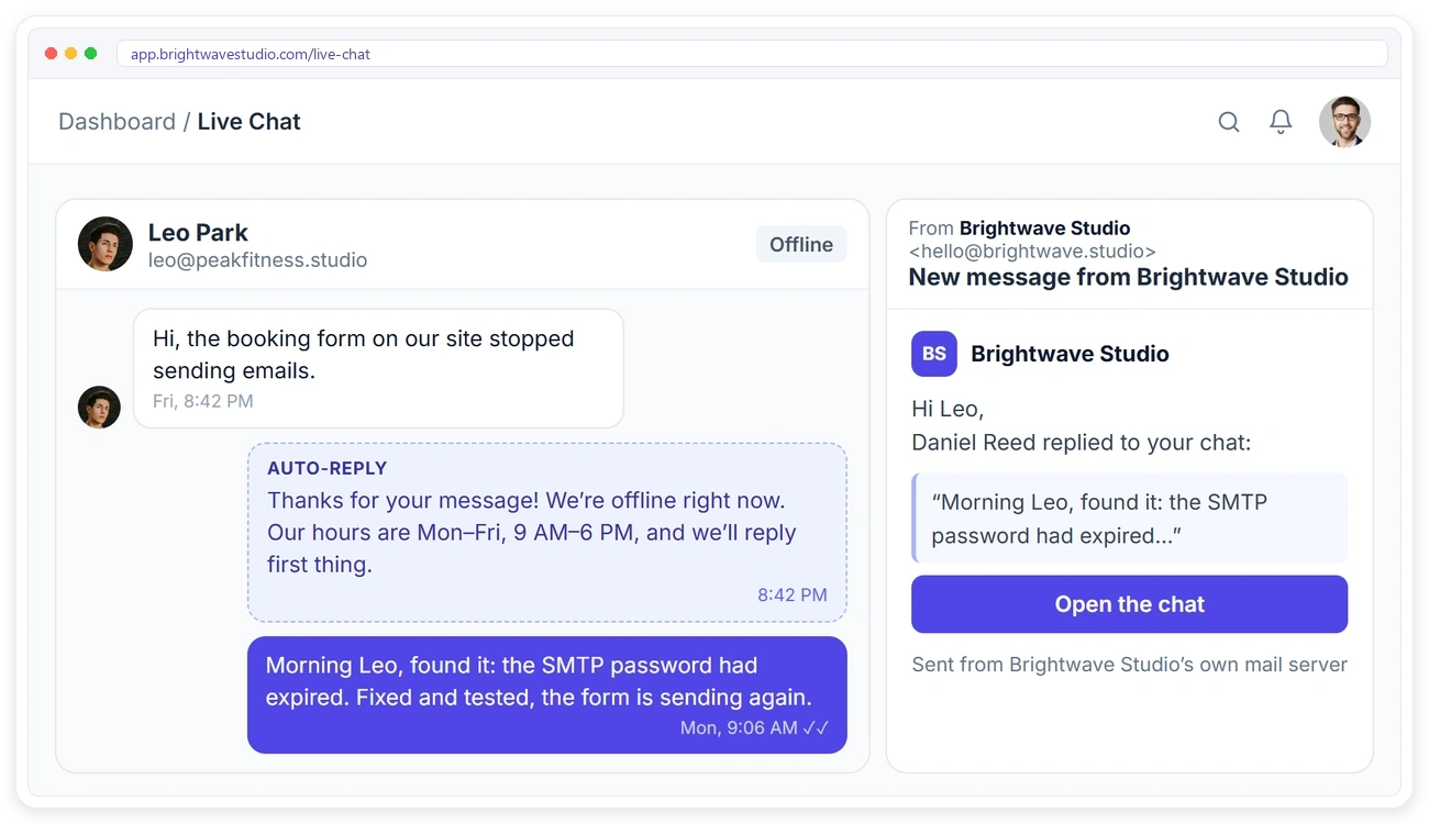 Out-of-hours auto-reply in Clientish live chat and the email a client gets when the agency replies