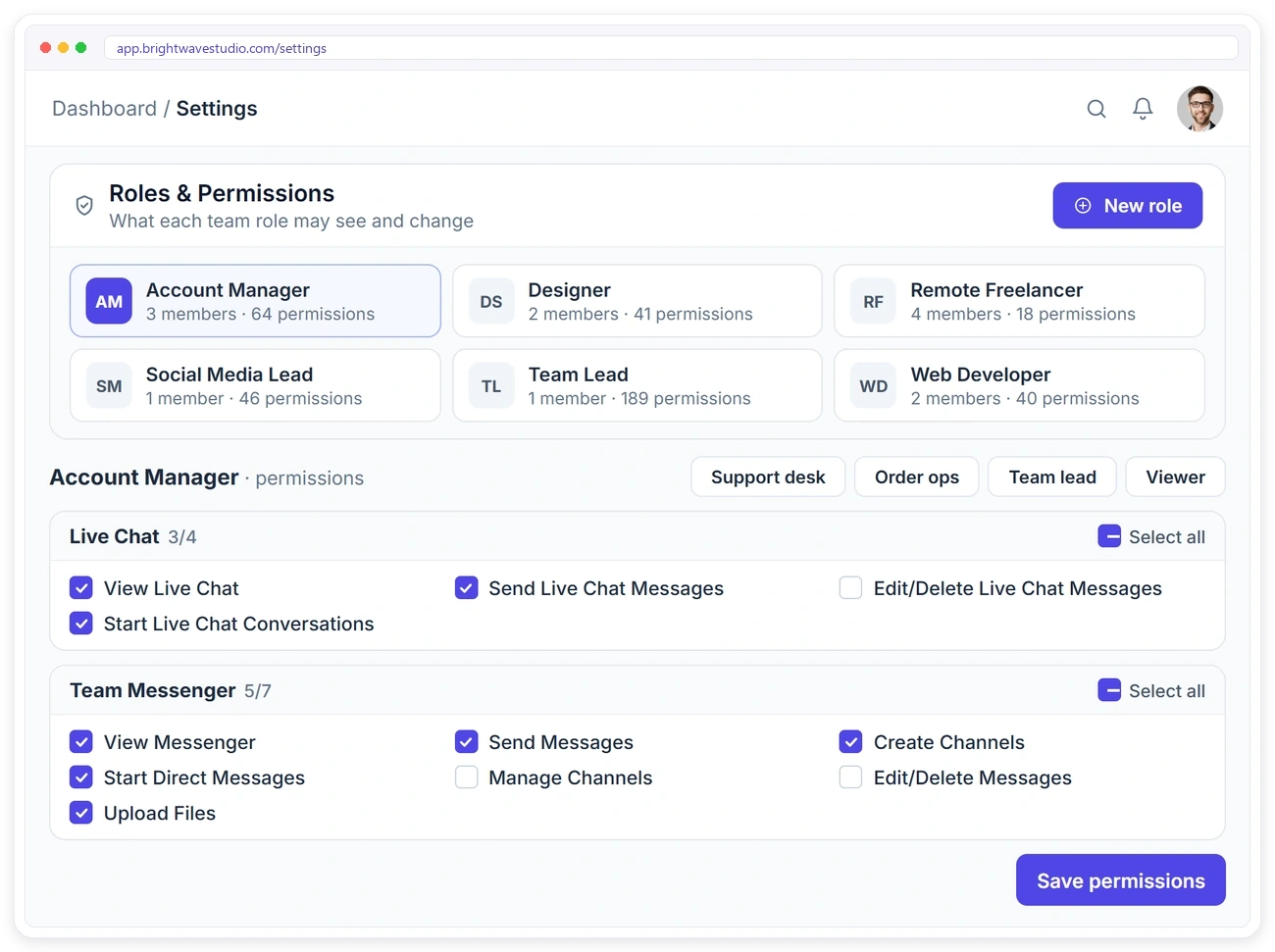 Roles and permissions in Clientish settings for Live Chat and Team Messenger