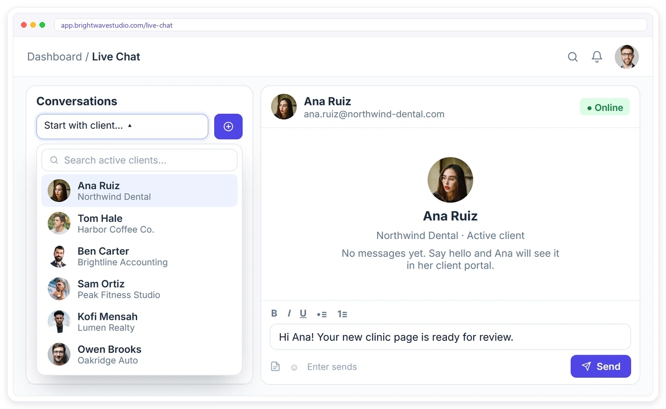 Starting a new live chat with an active client in Clientish Starting a new live chat with an active client in Clientish