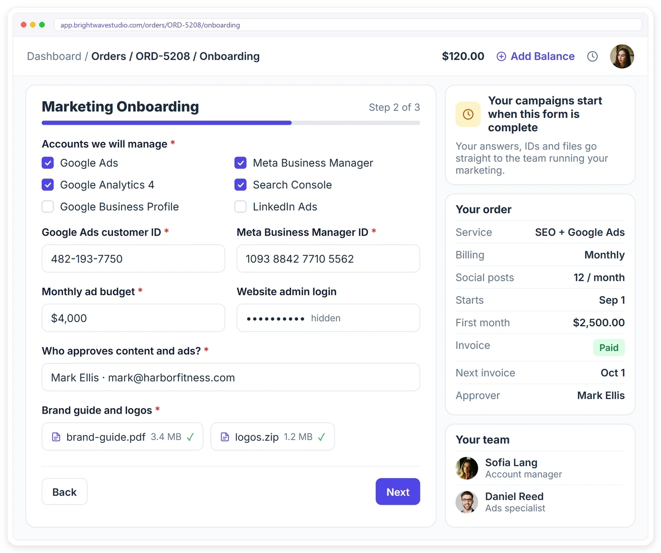 A client filling in a marketing onboarding form in the Clientish client portal with ad account IDs, ad budget, approver, hidden login and brand files A client filling in a marketing onboarding form in the Clientish client portal with ad account IDs, ad budget, approver, hidden login and brand files