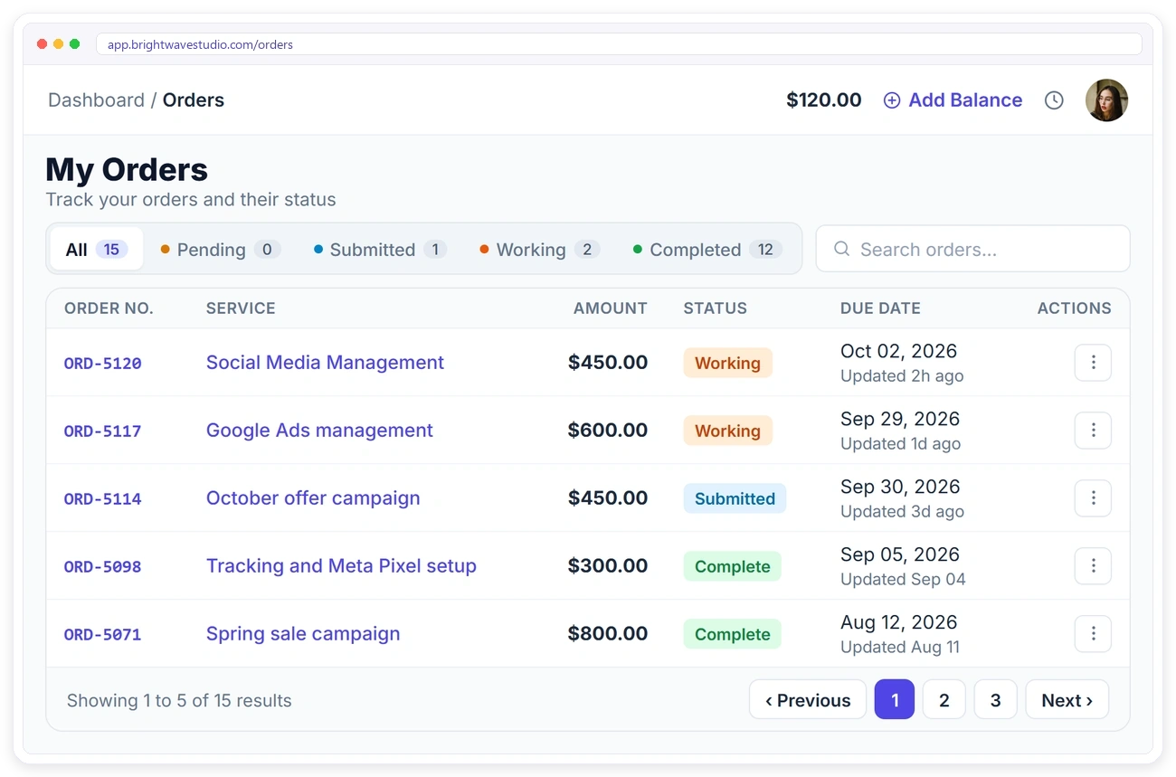 A marketing client’s orders in the Clientish client portal, with social media, Google Ads, campaigns and tracking setup and their status