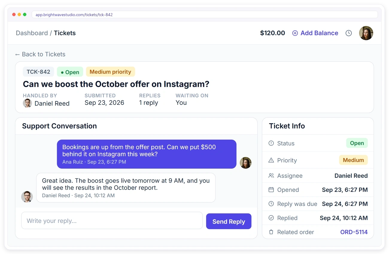 A marketing client asking to boost an Instagram offer through a support ticket in the Clientish client portal, with the agency’s reply A marketing client asking to boost an Instagram offer through a support ticket in the Clientish client portal, with the agency’s reply