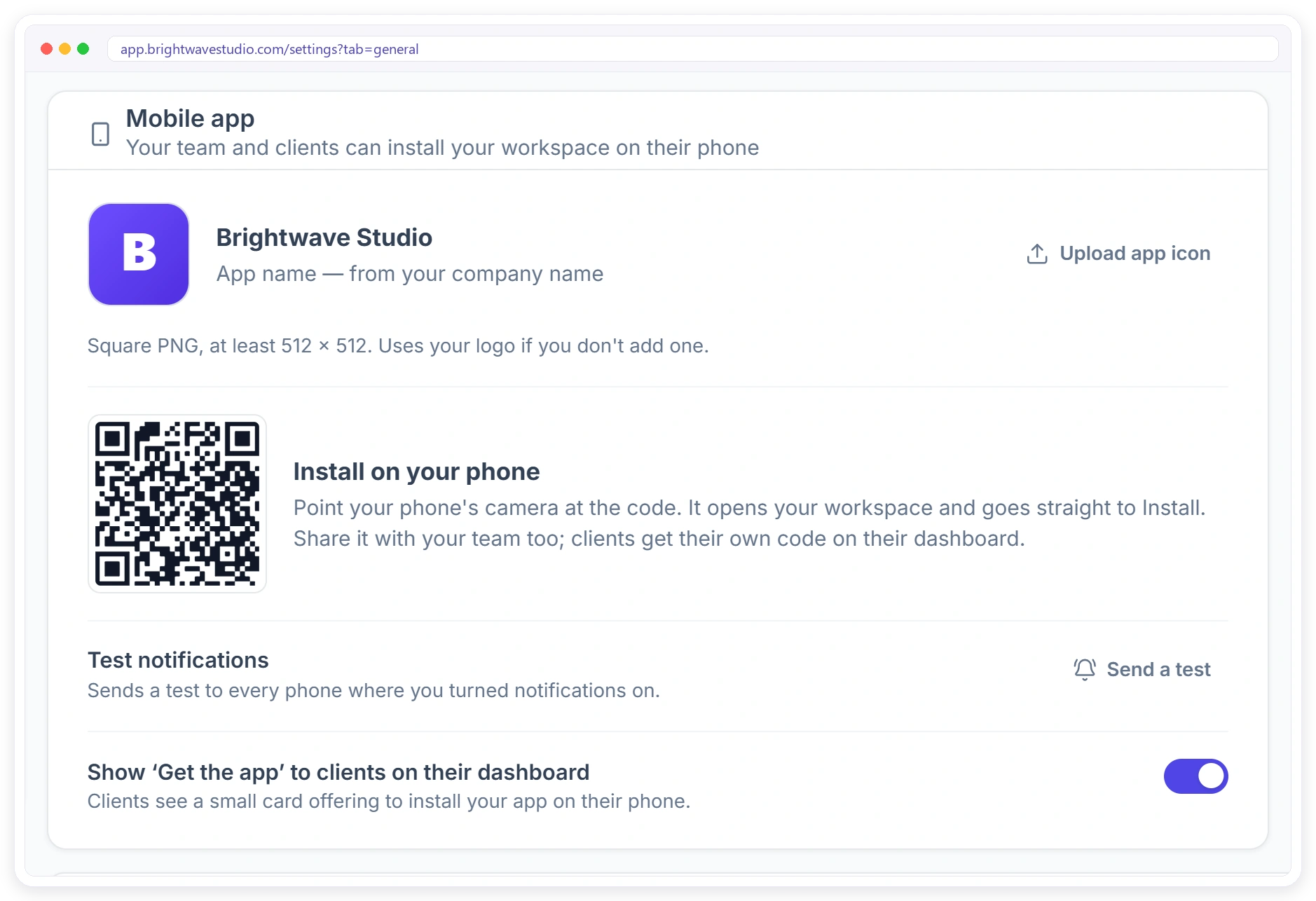 Mobile app settings: app name from the company name, app icon upload, install QR code, test notification and the Get the app card for clients