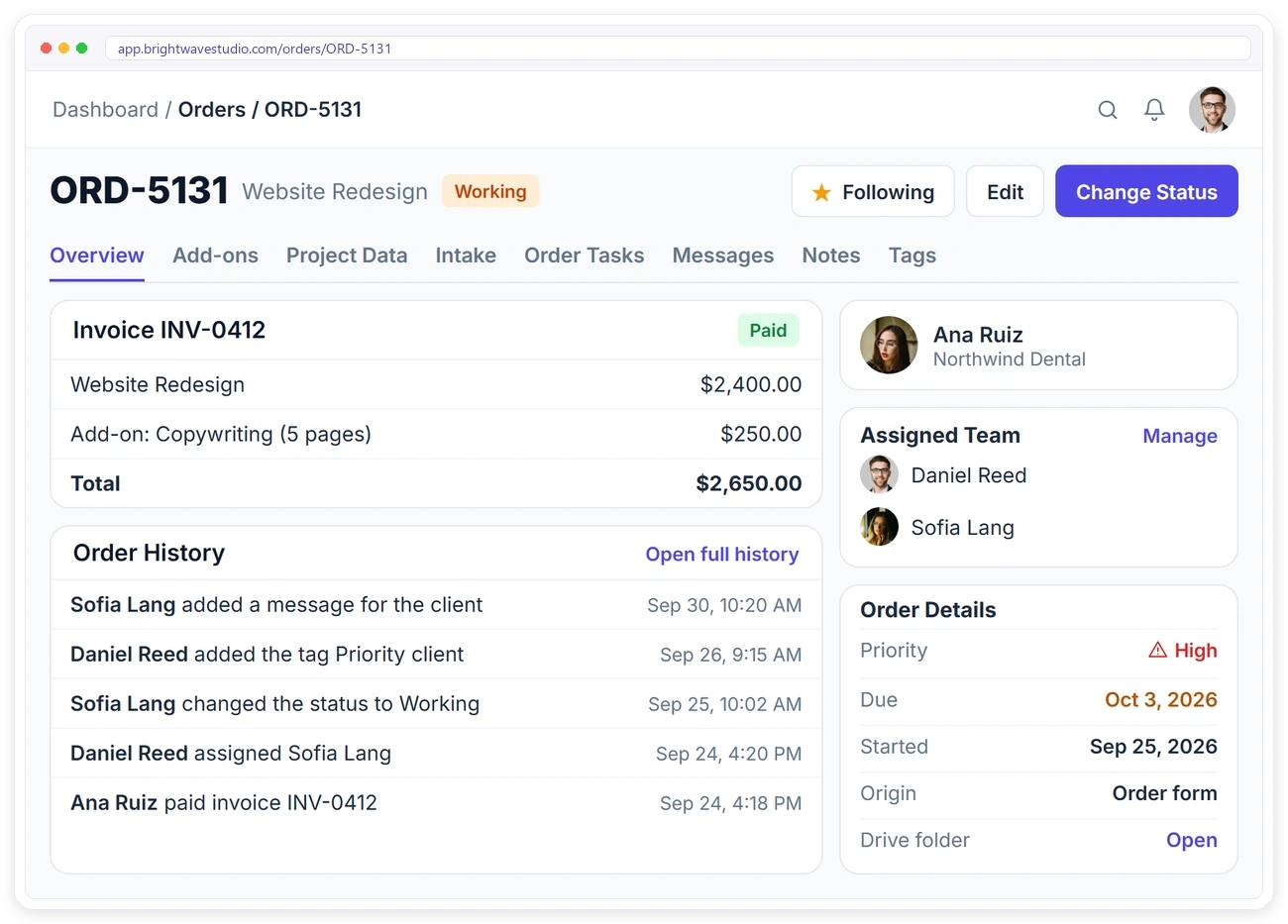 A Clientish order page with the invoice, order history, assigned team, priority, due date and Drive folder