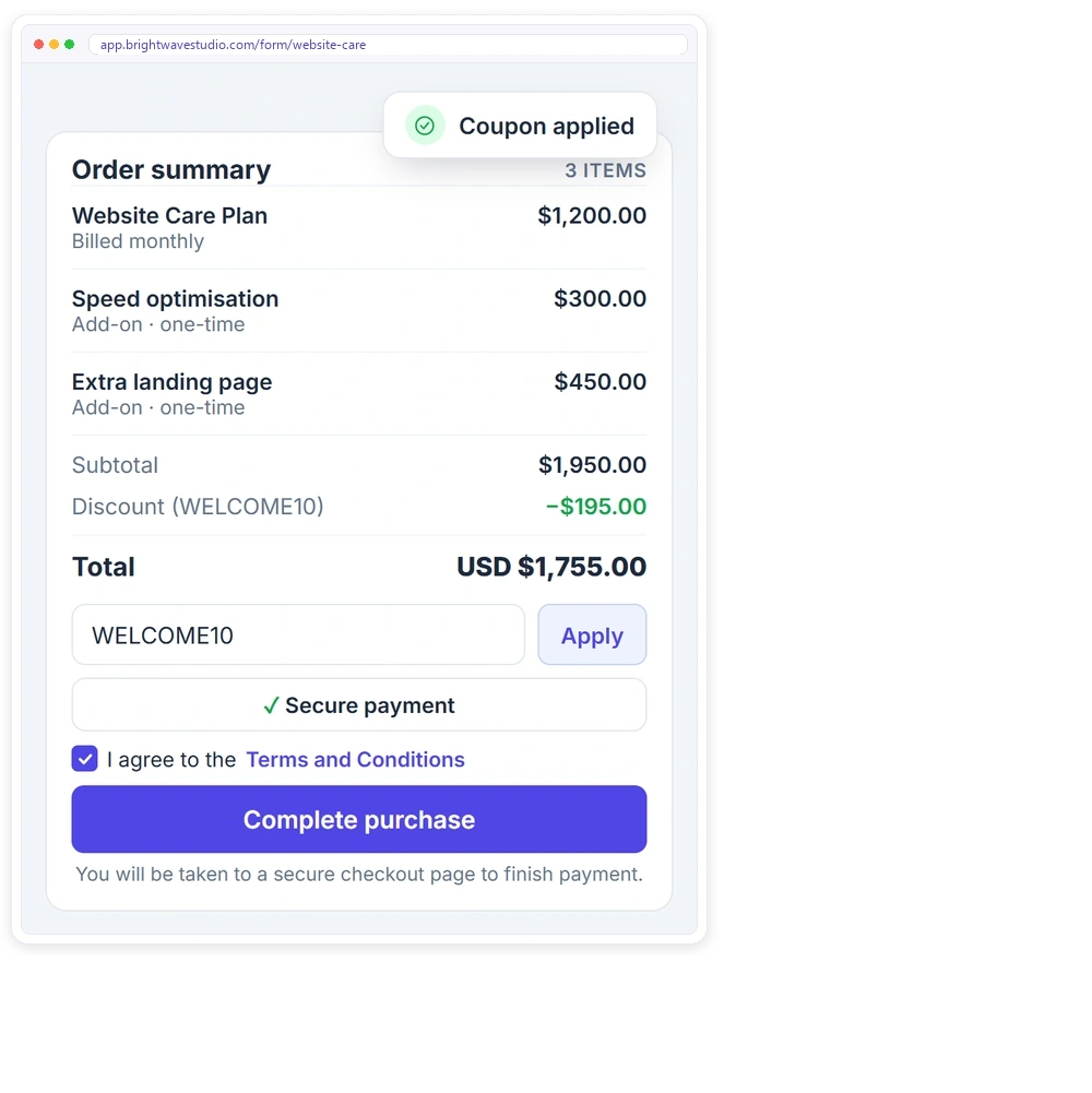 Order summary on a Clientish order form with a monthly plan, two add-ons and a coupon applied Order summary on a Clientish order form with a monthly plan, two add-ons and a coupon applied