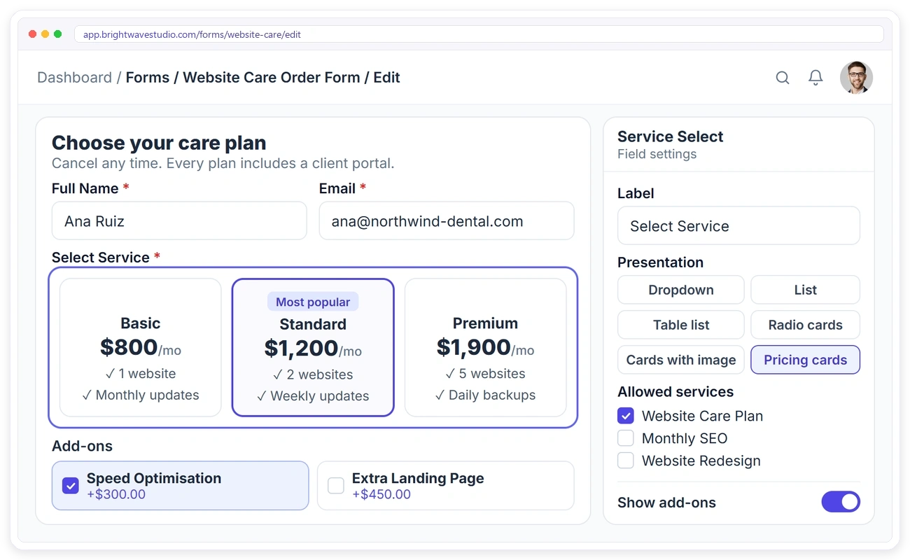 A Clientish order form showing services as pricing cards with add-ons, and the Service Select field settings