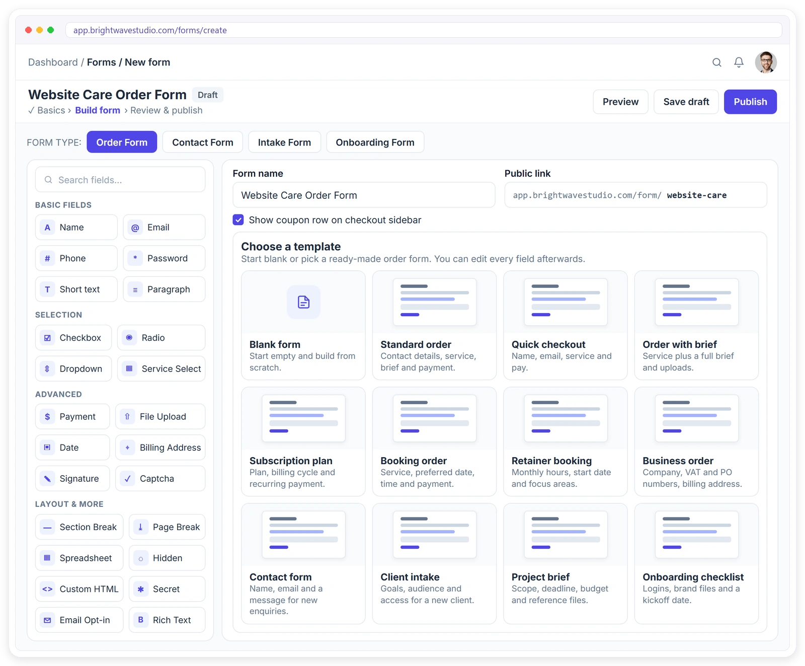 Creating an order form in Clientish from ready-made templates such as Standard order, Quick checkout, Subscription plan and Order with brief