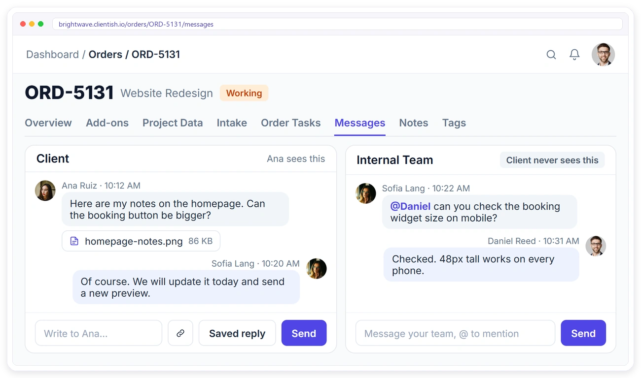 Clientish order messages with a client conversation including a file from the client and a separate internal team conversation