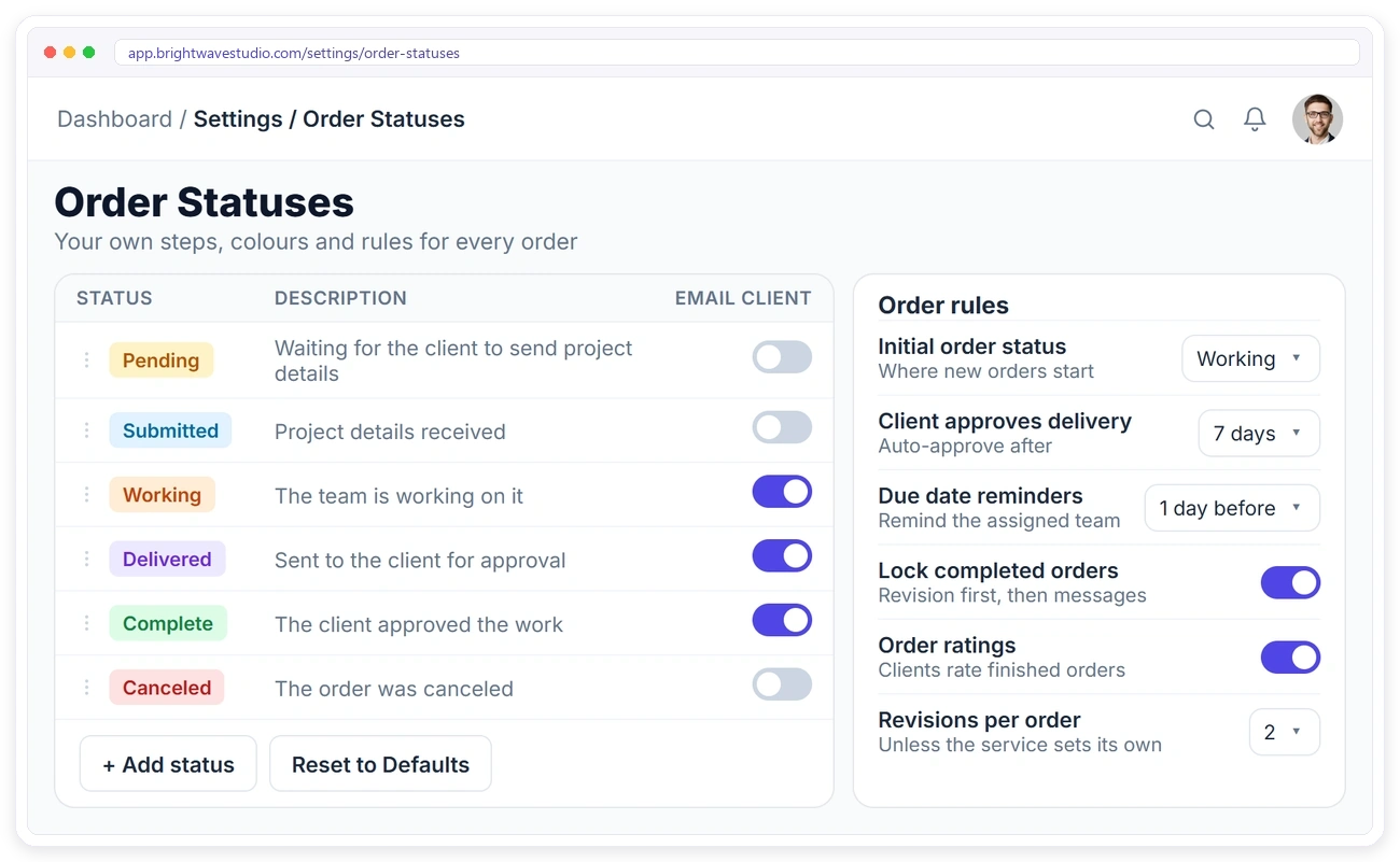 Clientish order statuses with colours and client emails per status, and order rules for approval, due date reminders, ratings and revisions