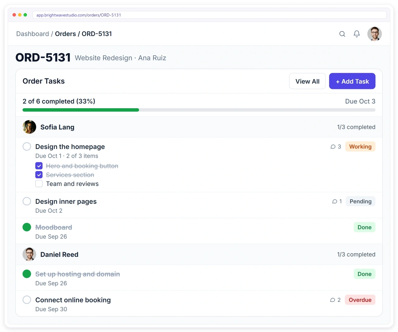 Tasks inside a Clientish order grouped by team member, with checklist items, due dates, status labels and comment counts Tasks inside a Clientish order grouped by team member, with checklist items, due dates, status labels and comment counts