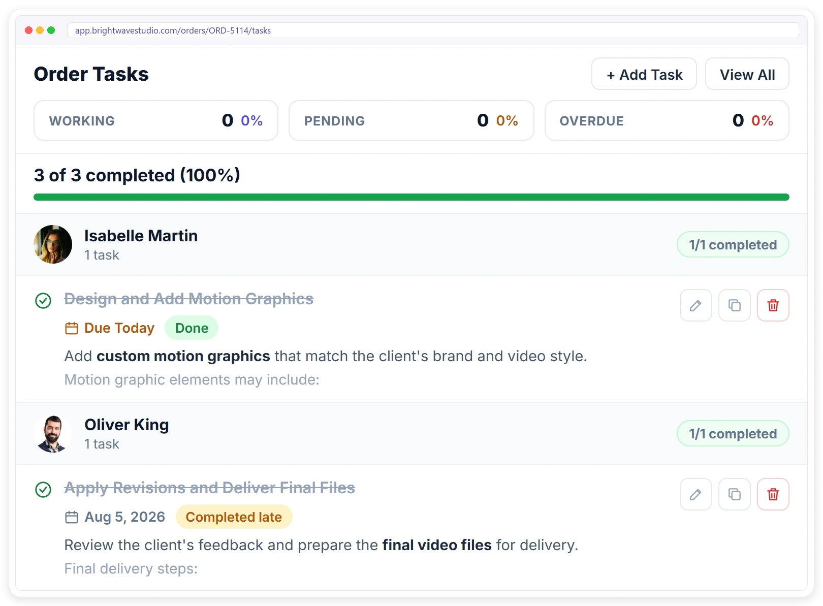 Clientish order tasks with assignees, due dates and completion progress for each team member