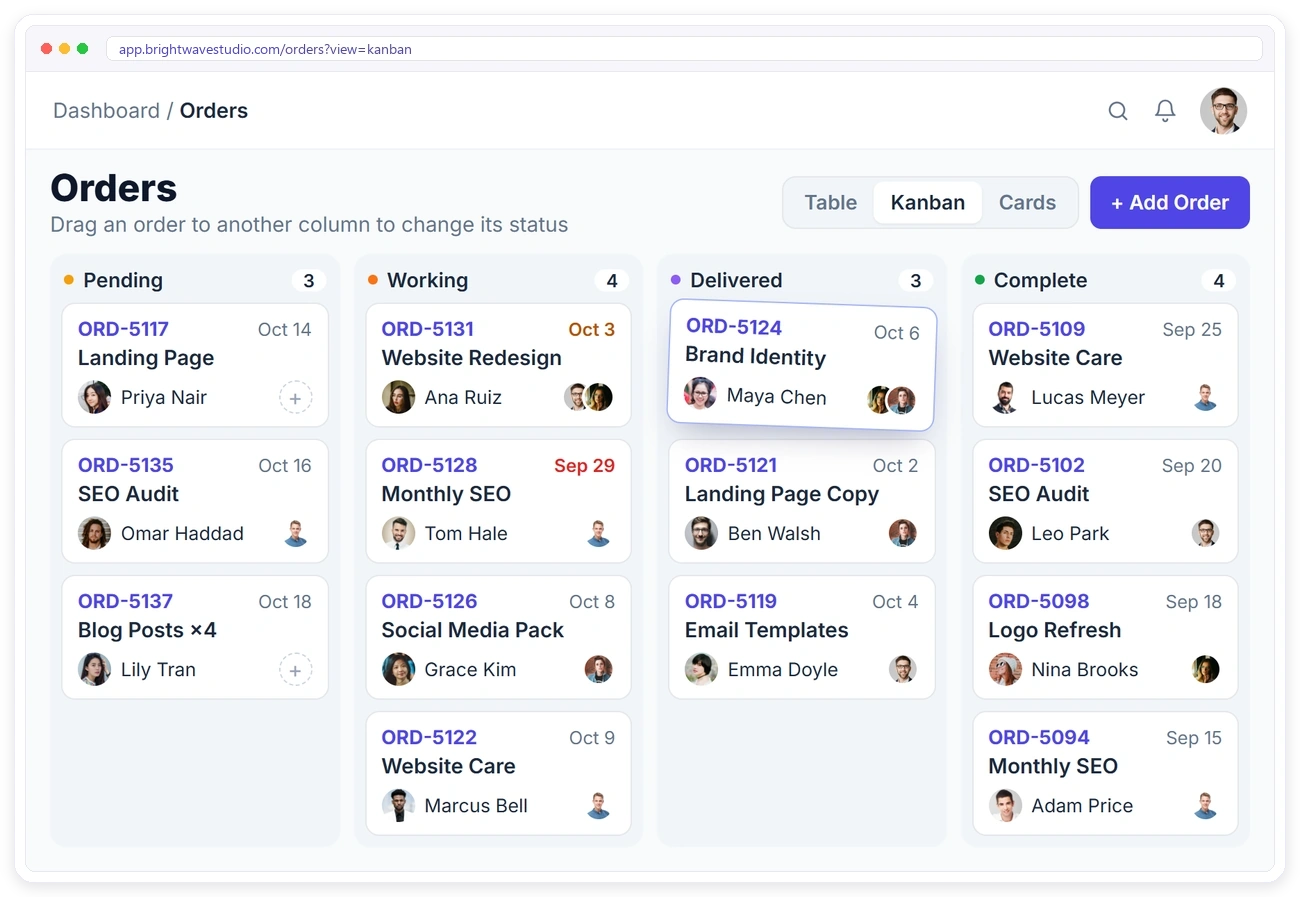 Clientish orders kanban board where an order is dragged from Working to Delivered to change its status
