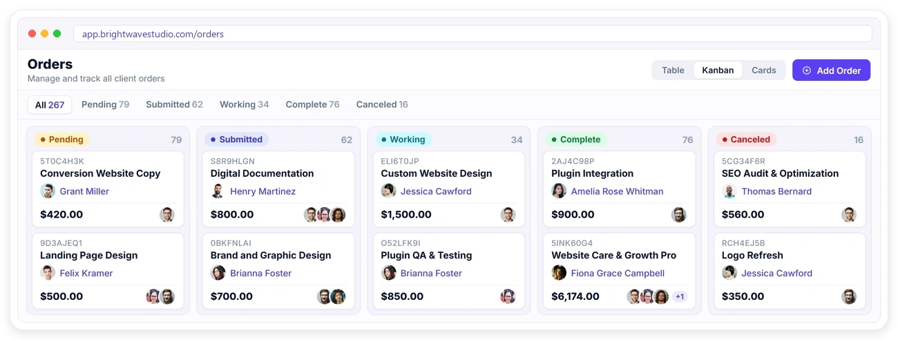 Clientish orders kanban board with pending, submitted, working, complete and canceled orders