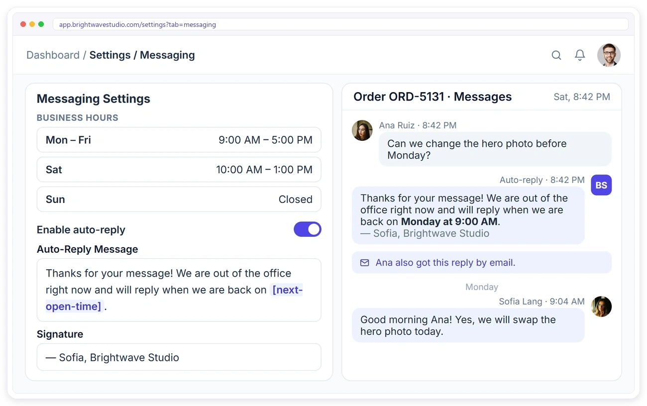 Clientish business hours and out-of-hours auto-reply with a signature, sent to a client on an order and by email Clientish business hours and out-of-hours auto-reply with a signature, sent to a client on an order and by email