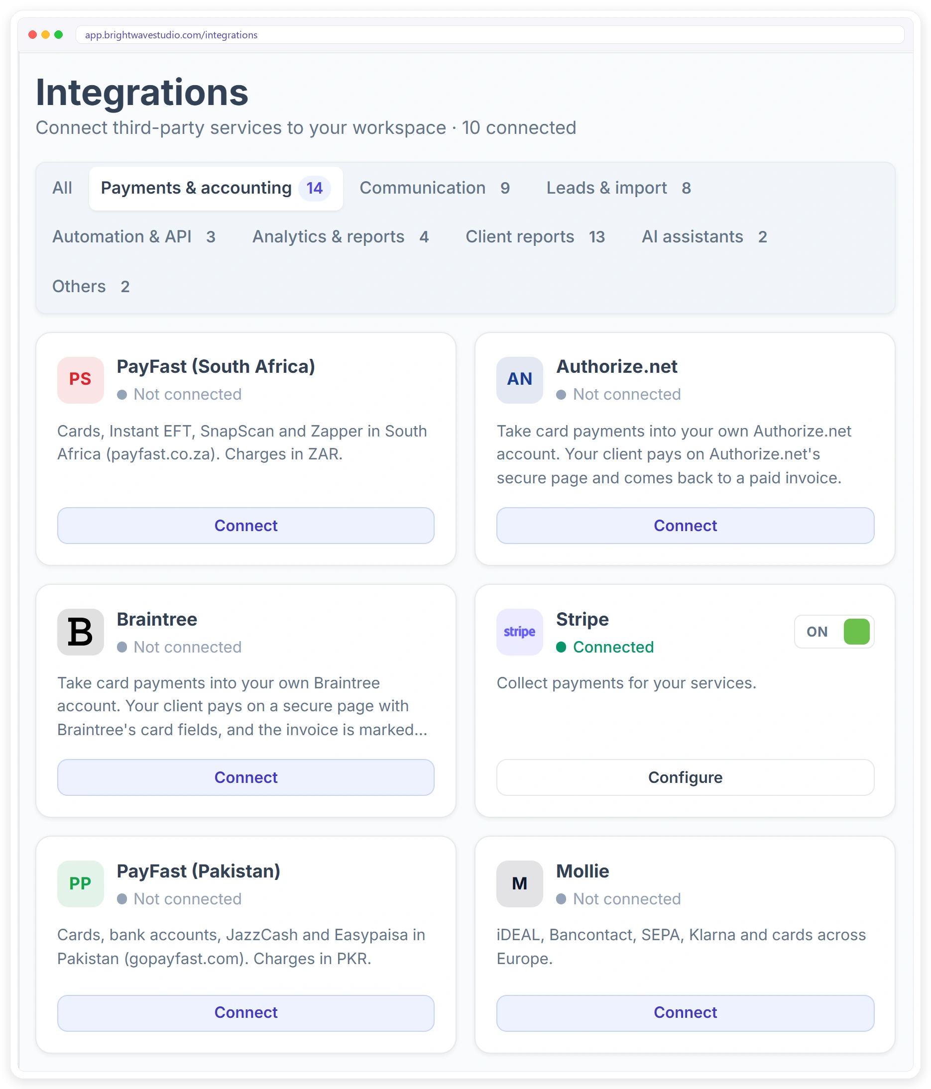 Payment and accounting integrations: Stripe, PayPal, Paddle, Braintree, Authorize.net, Mollie, Paystack, Razorpay, PayFast, SSLCommerz, manual banking, QuickBooks and Xero Payment and accounting integrations: Stripe, PayPal, Paddle, Braintree, Authorize.net, Mollie, Paystack, Razorpay, PayFast, SSLCommerz, manual banking, QuickBooks and Xero