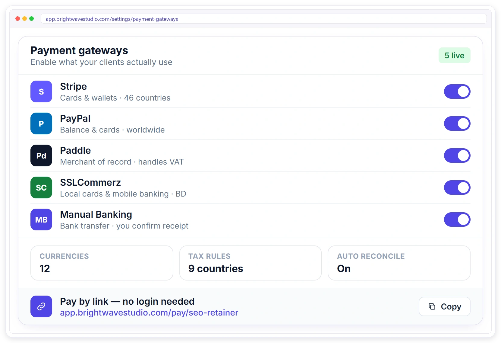 Clientish payment gateways Clientish payment gateways Stripe, PayPal, Paddle, SSLCommerz and Manual Banking with pay-by-link