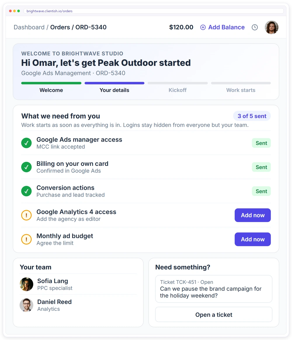 Onboarding in the Clientish client portal for a PPC client: progress, what the agency still needs from them, hidden logins, the team and a support ticket