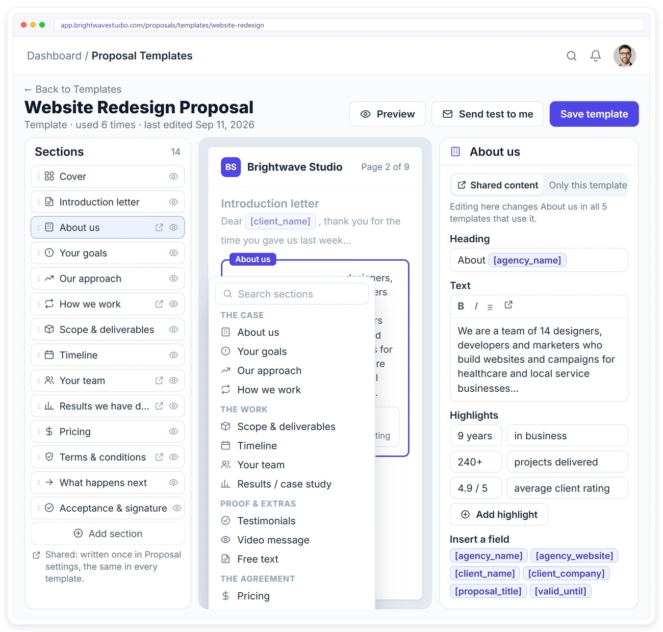 Clientish proposal template editor with sections list, live preview and section settings Clientish proposal template editor with sections list, live preview and section settings