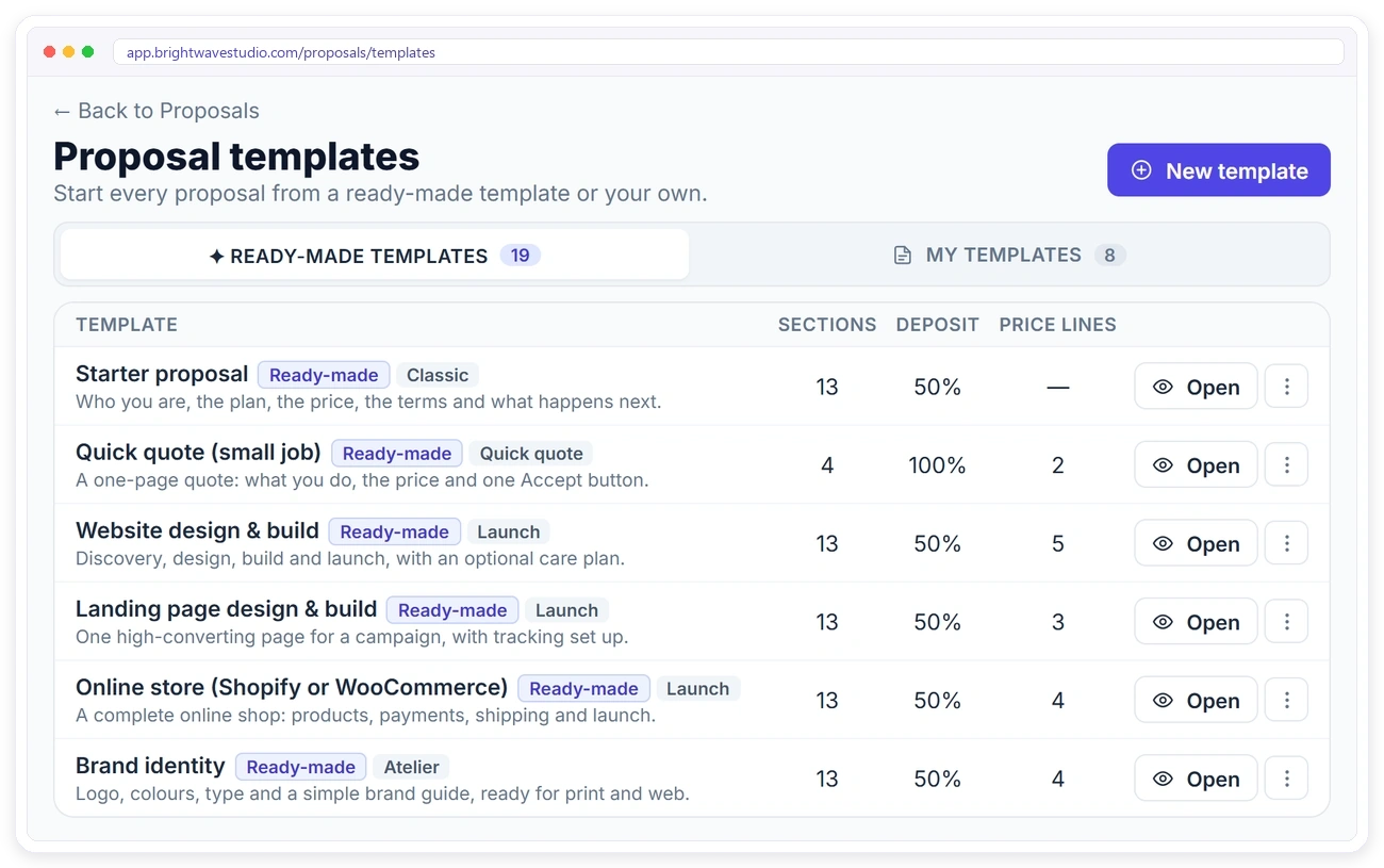 Ready-made proposal templates library in Clientish with sections, deposit and price lines Ready-made proposal templates library in Clientish with sections, deposit and price lines