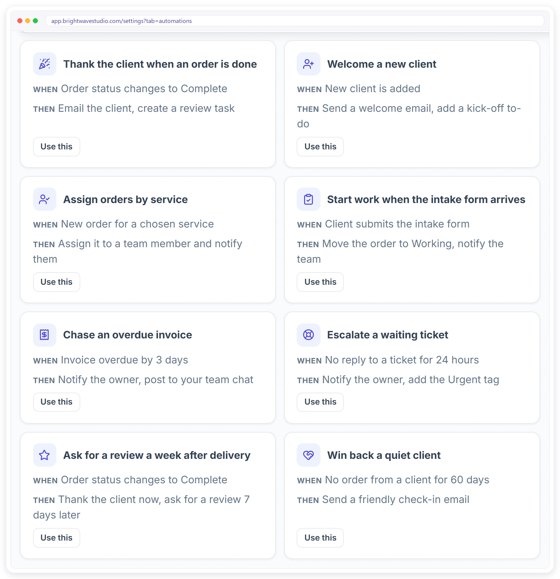 Ready-made agency automations: thank the client when an order is done, welcome a new client, assign orders by service, chase an overdue invoice Ready-made agency automations: thank the client when an order is done, welcome a new client, assign orders by service, chase an overdue invoice