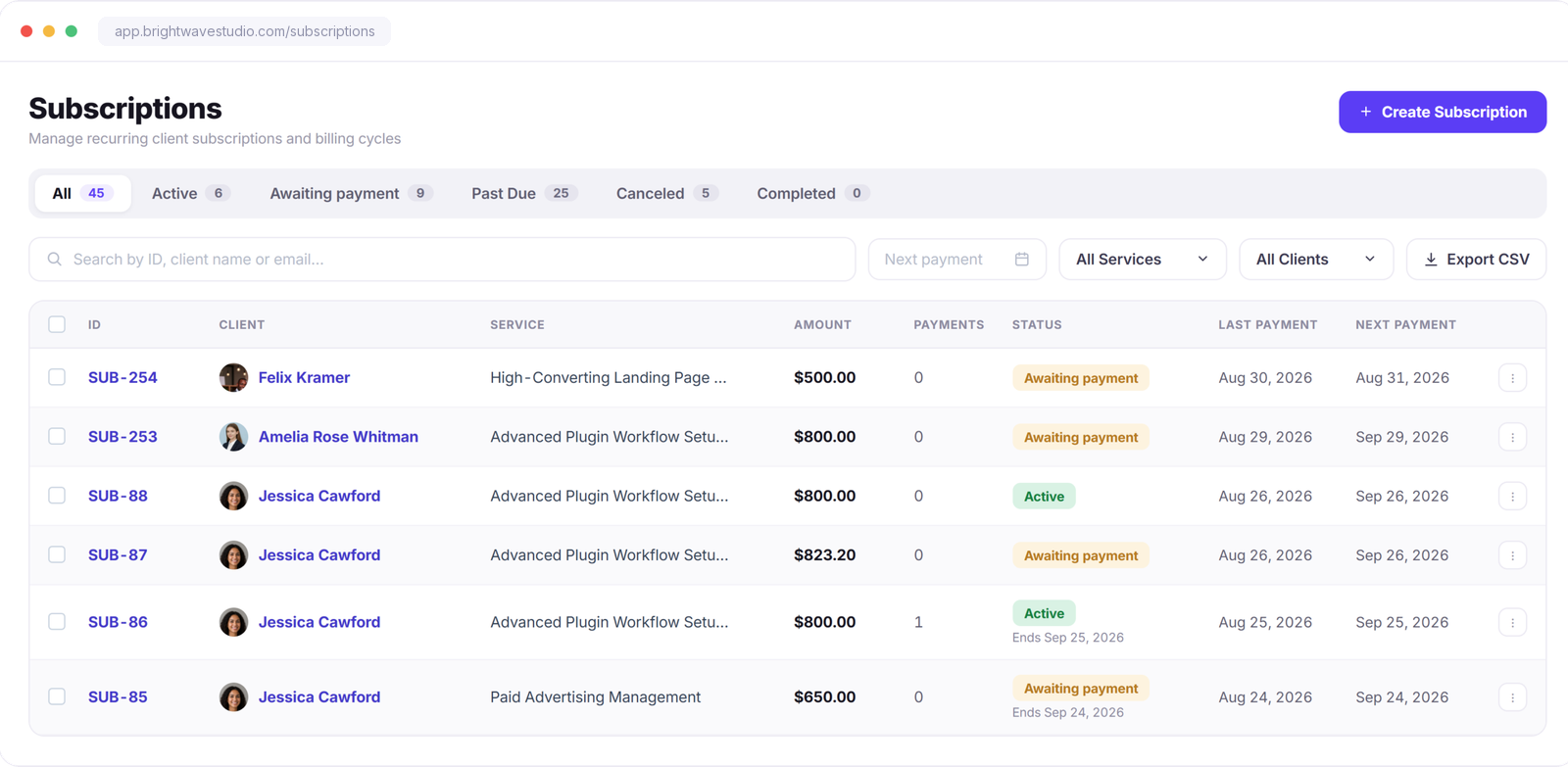 Recurring billing and client subscriptions in Clientish: active, awaiting payment, past due, canceled and completed subscriptions with their billing cycles