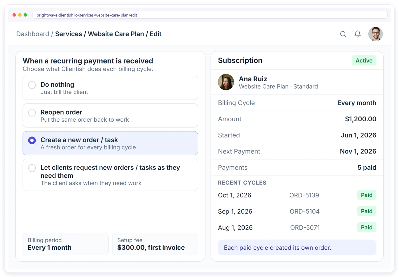 A Clientish recurring service that creates a new order for every paid billing cycle, with the client's subscription and recent cycles