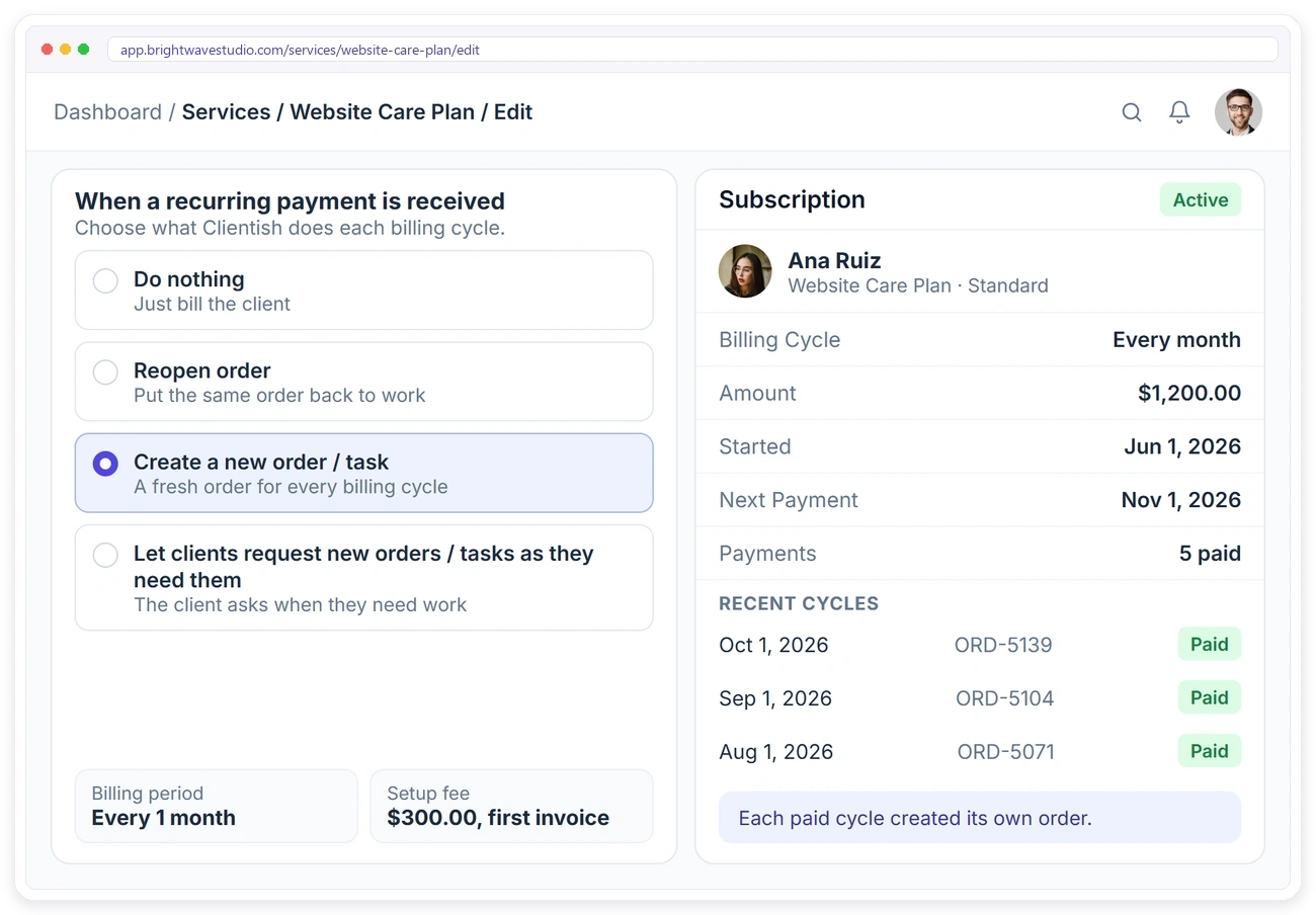 A Clientish recurring service that creates a new order for every paid billing cycle, with the client's subscription and recent cycles A Clientish recurring service that creates a new order for every paid billing cycle, with the client's subscription and recent cycles