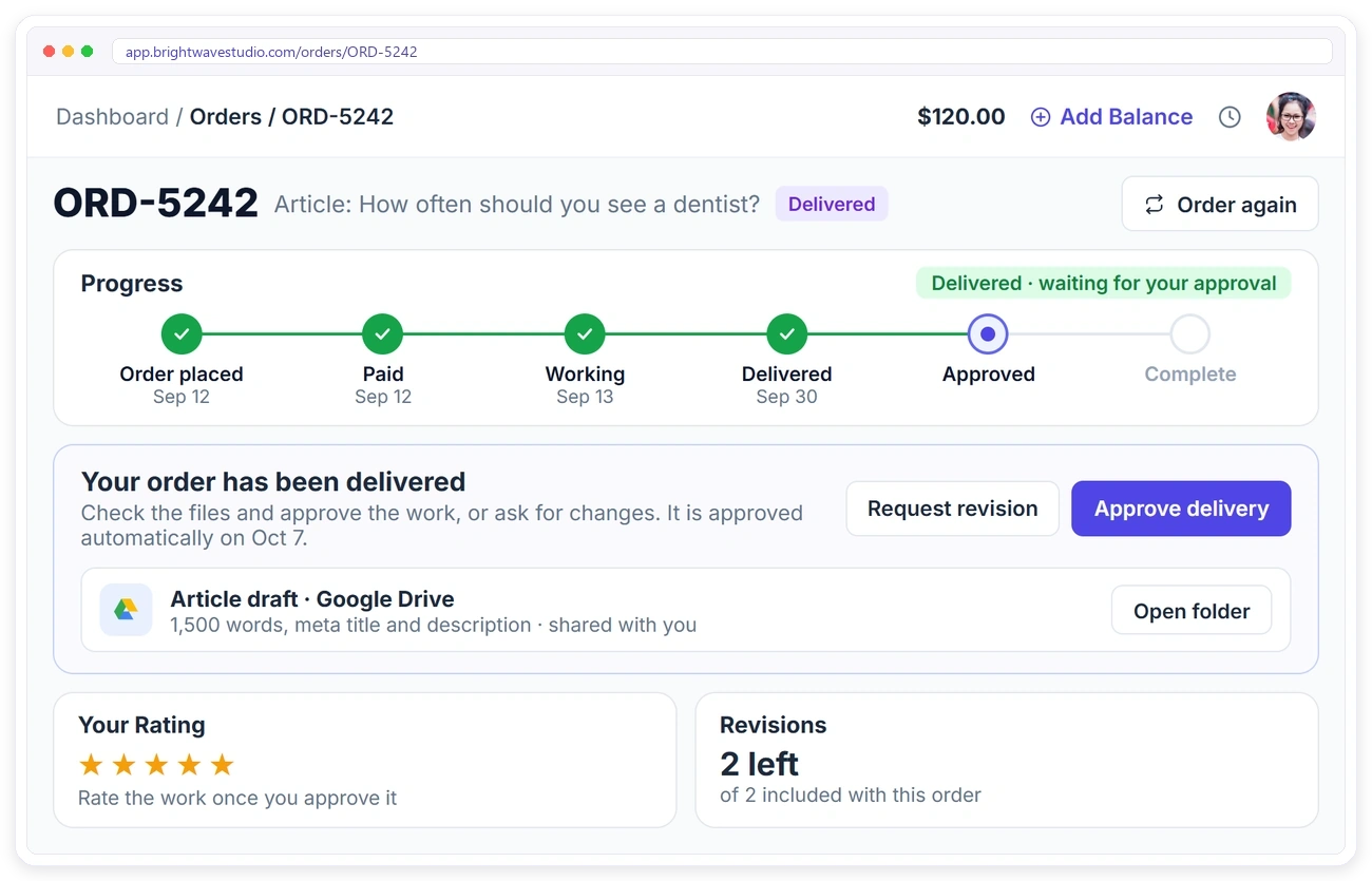 A client approving an SEO article draft in the Clientish client portal, with the draft, meta title and revisions left A client approving an SEO article draft in the Clientish client portal, with the draft, meta title and revisions left