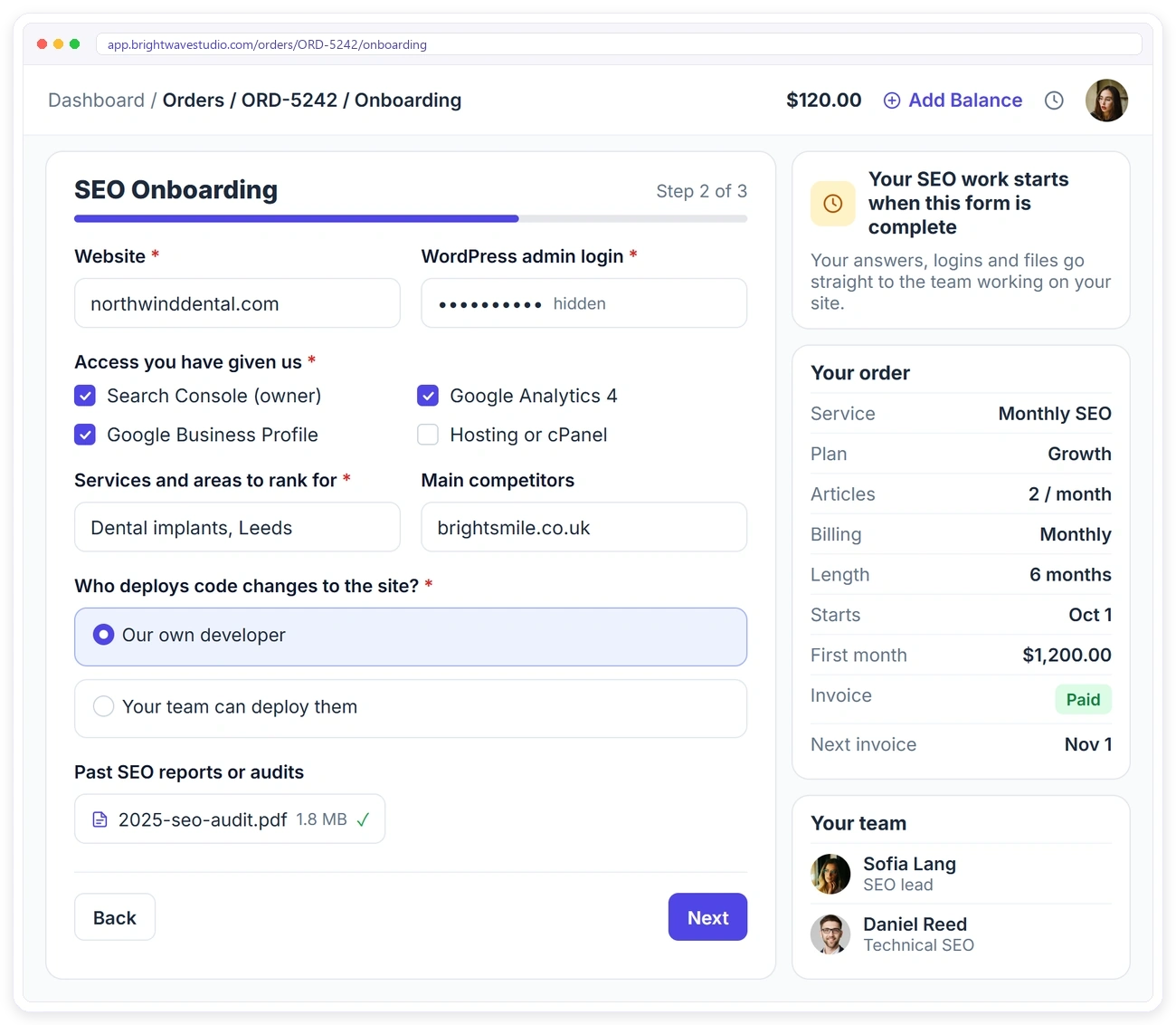 A client filling in an SEO onboarding form in the Clientish client portal with website, hidden WordPress login, Search Console and Analytics access, target areas and who deploys code