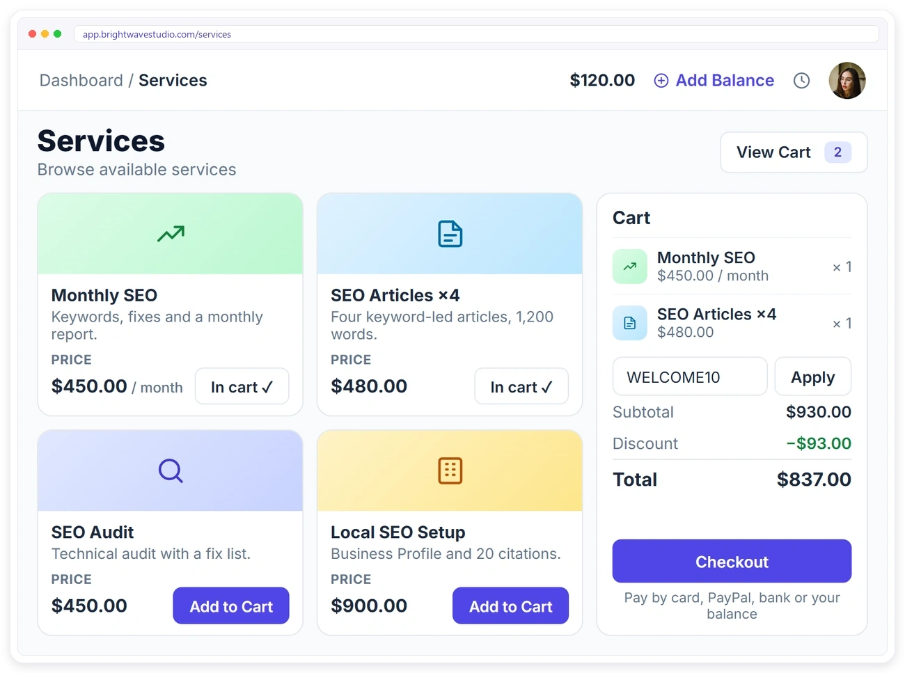 An SEO client ordering Monthly SEO and SEO articles from the service catalog in the Clientish client portal, with an SEO audit and local SEO setup available