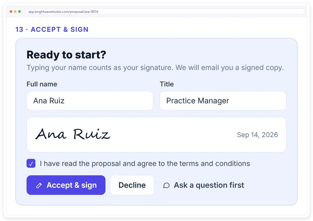 An SEO client accepting and signing a proposal online with a typed name in Clientish, with options to decline or ask a question first