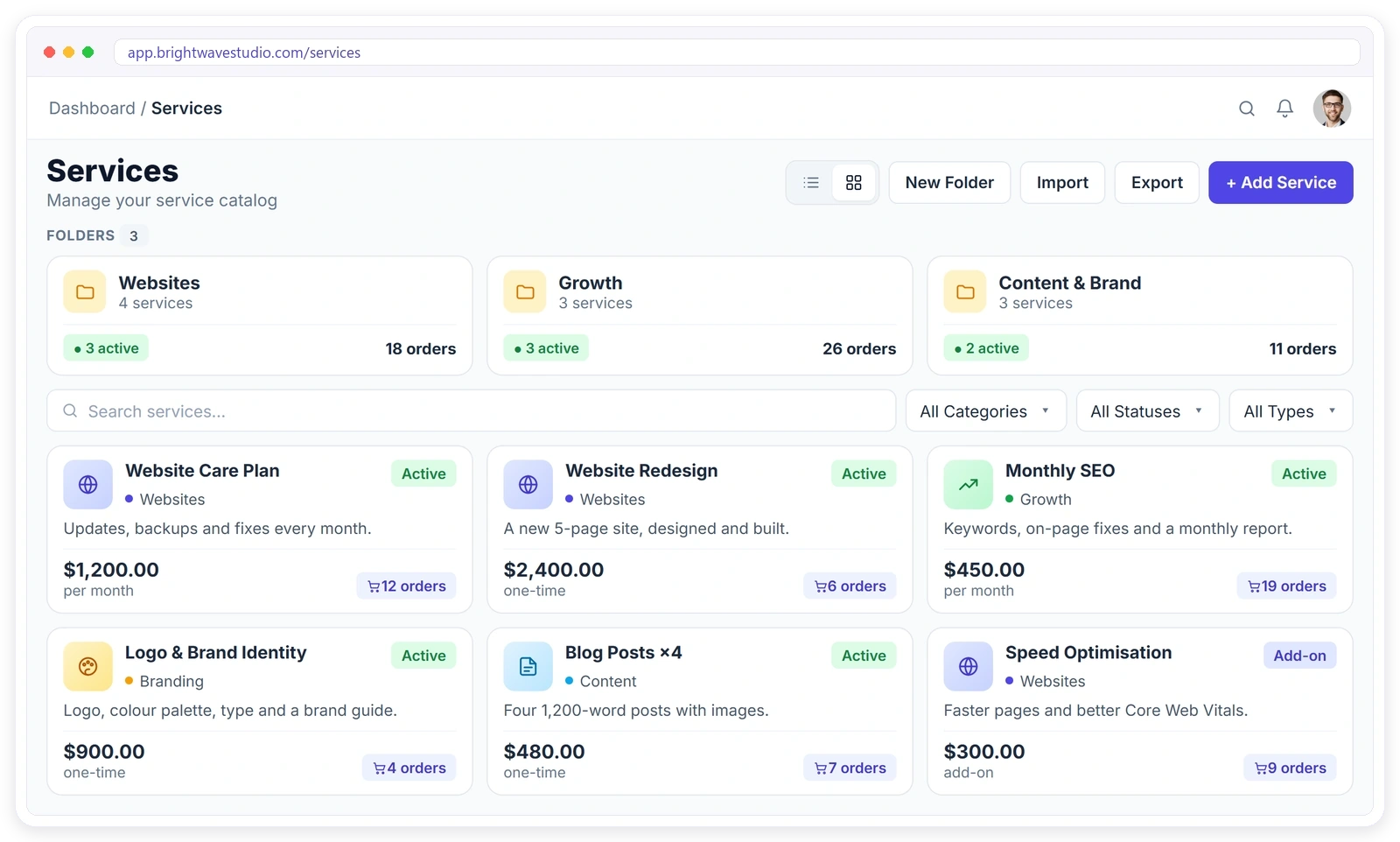 Productized services in a Clientish service catalog with folders, categories, one-time and monthly prices, add-ons, status and orders for each service
