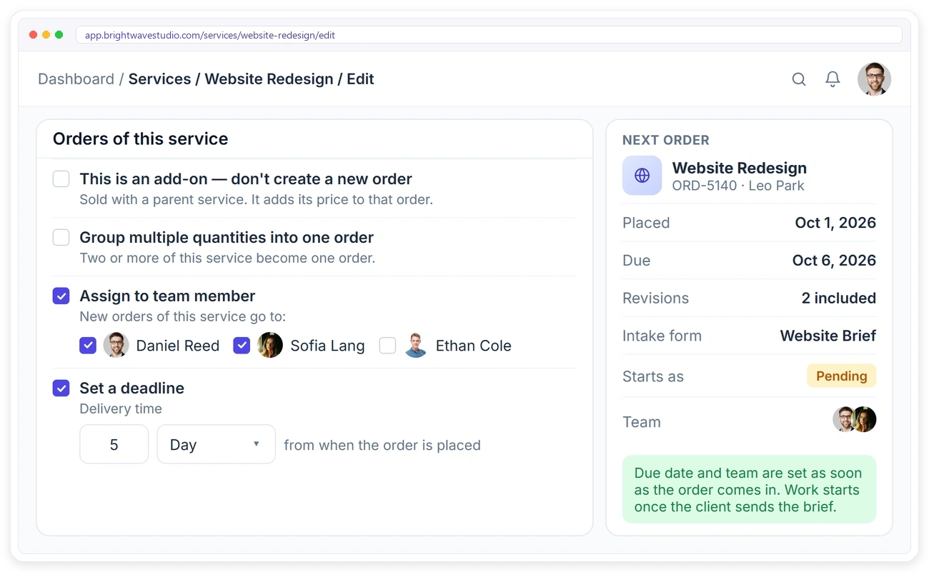 Clientish service settings for add-ons, grouped quantities, the default team and a delivery deadline, with the next order's due date