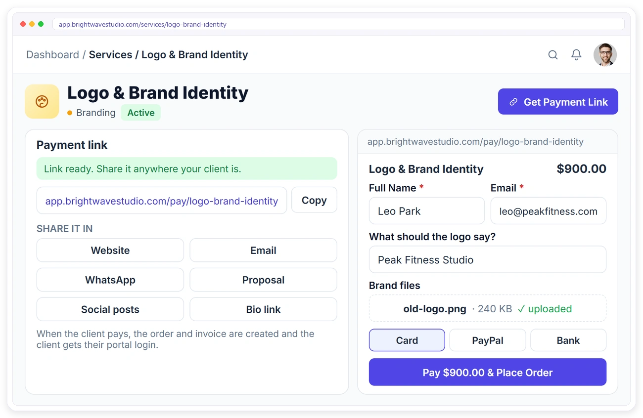 A Clientish payment link for a single service, shared anywhere, where the client fills in details and pays to place the order