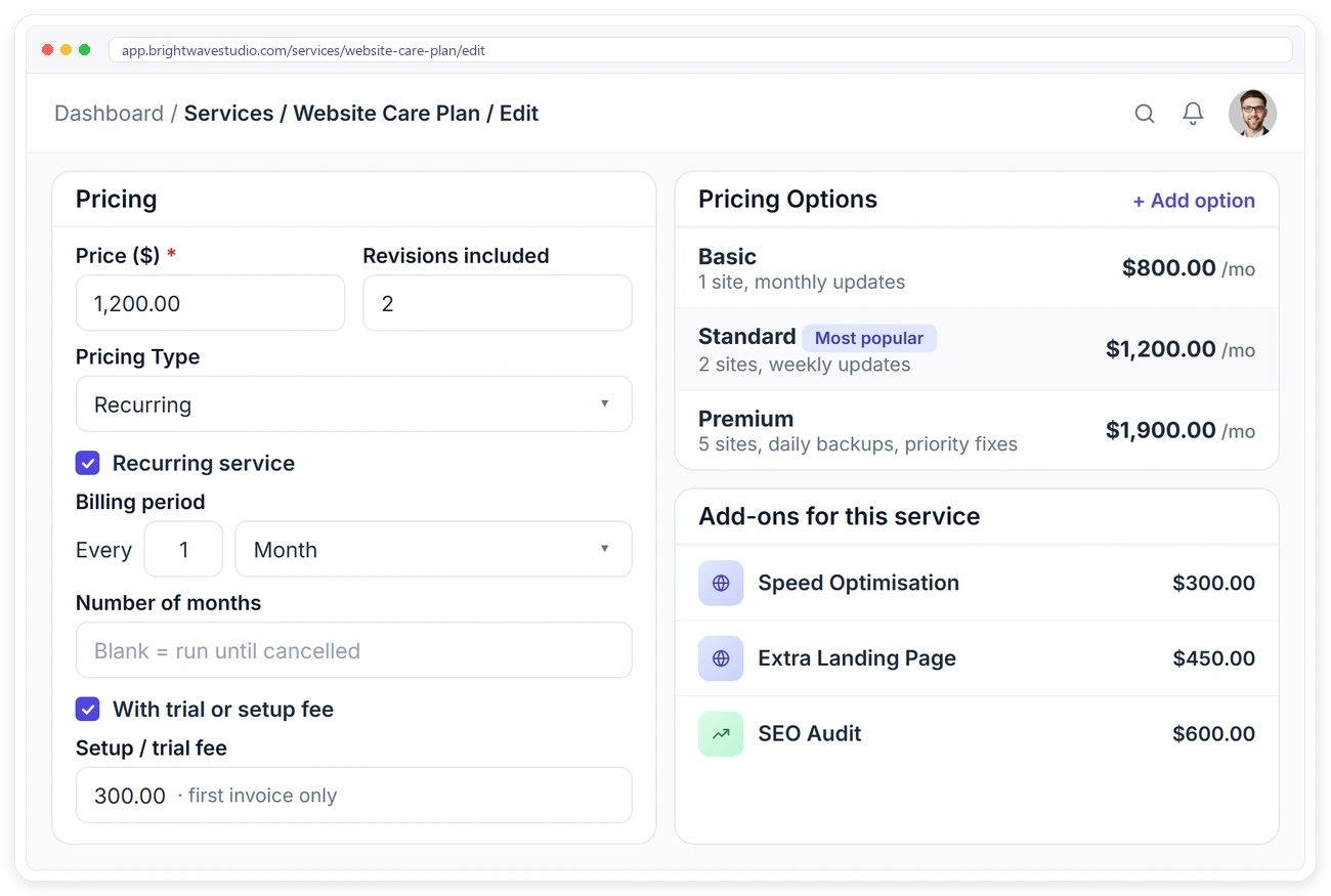 Clientish service pricing with recurring billing, a setup fee, revisions included, pricing options and add-ons for the service Clientish service pricing with recurring billing, a setup fee, revisions included, pricing options and add-ons for the service
