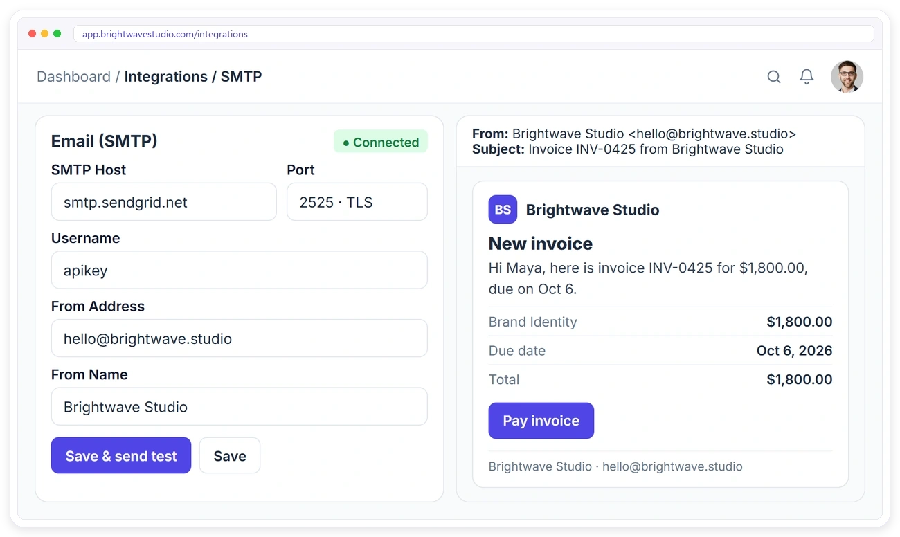 Clientish SMTP settings with your own from address and name, and a branded invoice email sent from your agency