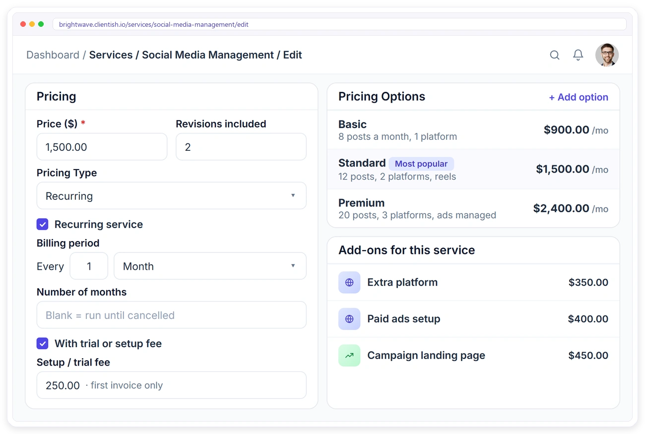 A social media management service in Clientish with Basic, Standard and Premium monthly plans and add-ons for an extra platform, paid ads setup and a campaign landing page