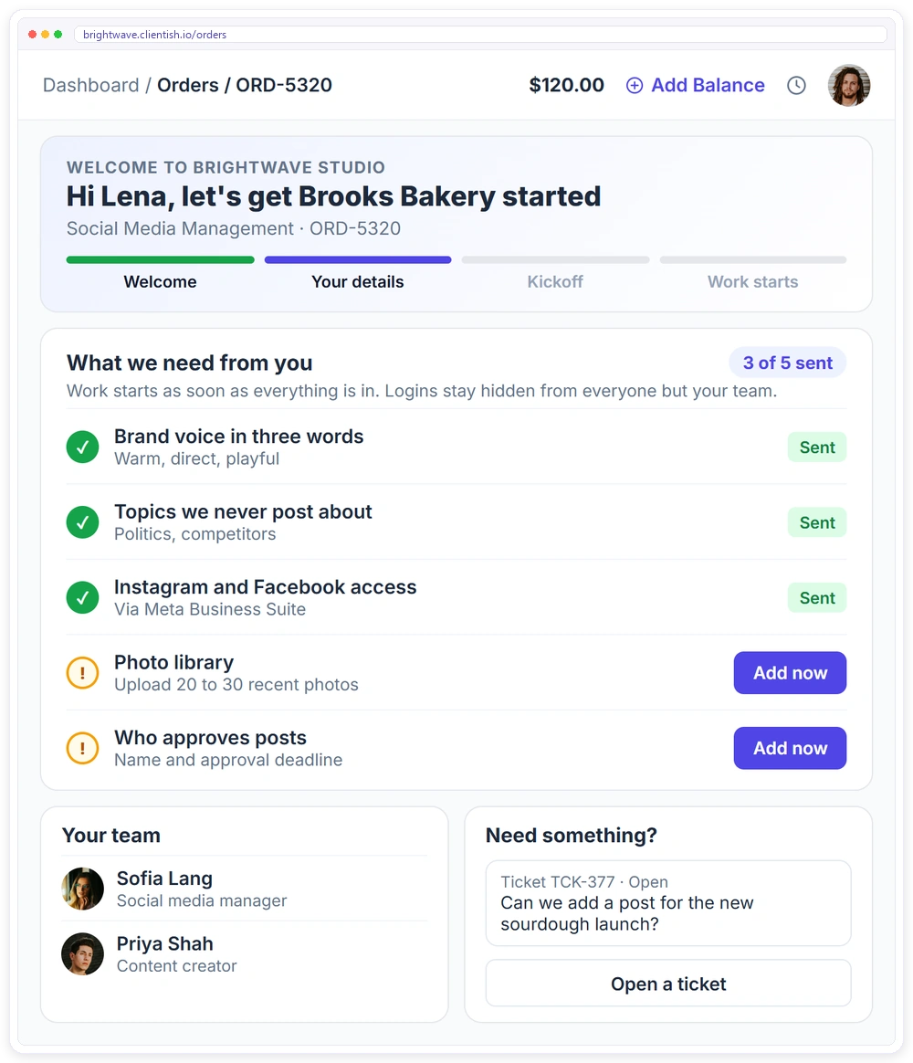 Onboarding in the Clientish client portal for a social media client: progress, what the agency still needs from them, hidden logins, the team and a support ticket