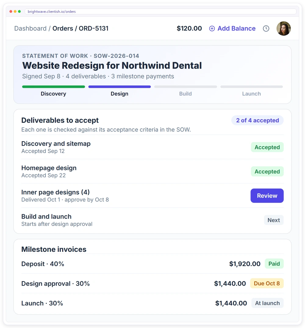 A signed statement of work in the Clientish client portal with milestones, deliverables the client accepts and milestone invoices