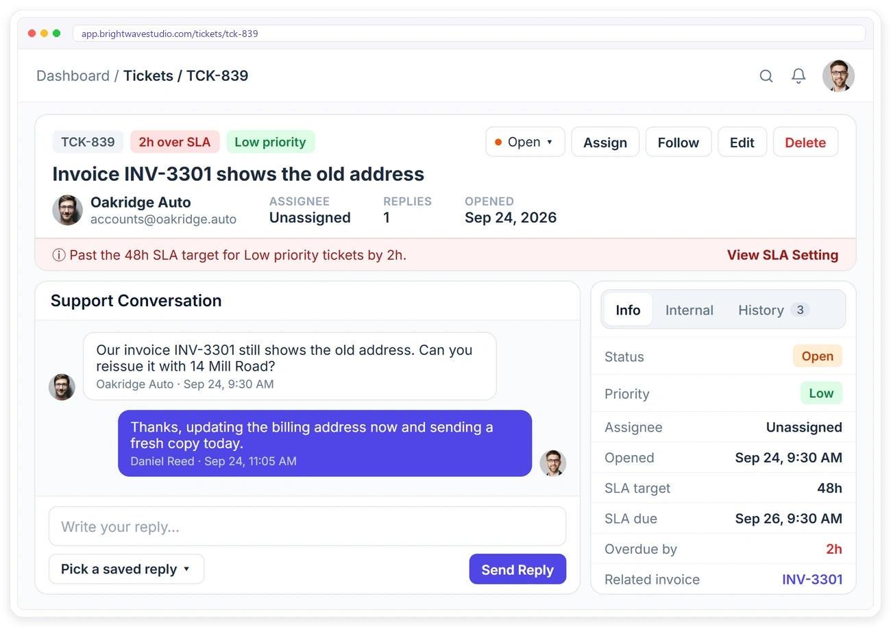 Support ticket in Clientish with the client conversation, saved replies, SLA warning and ticket info