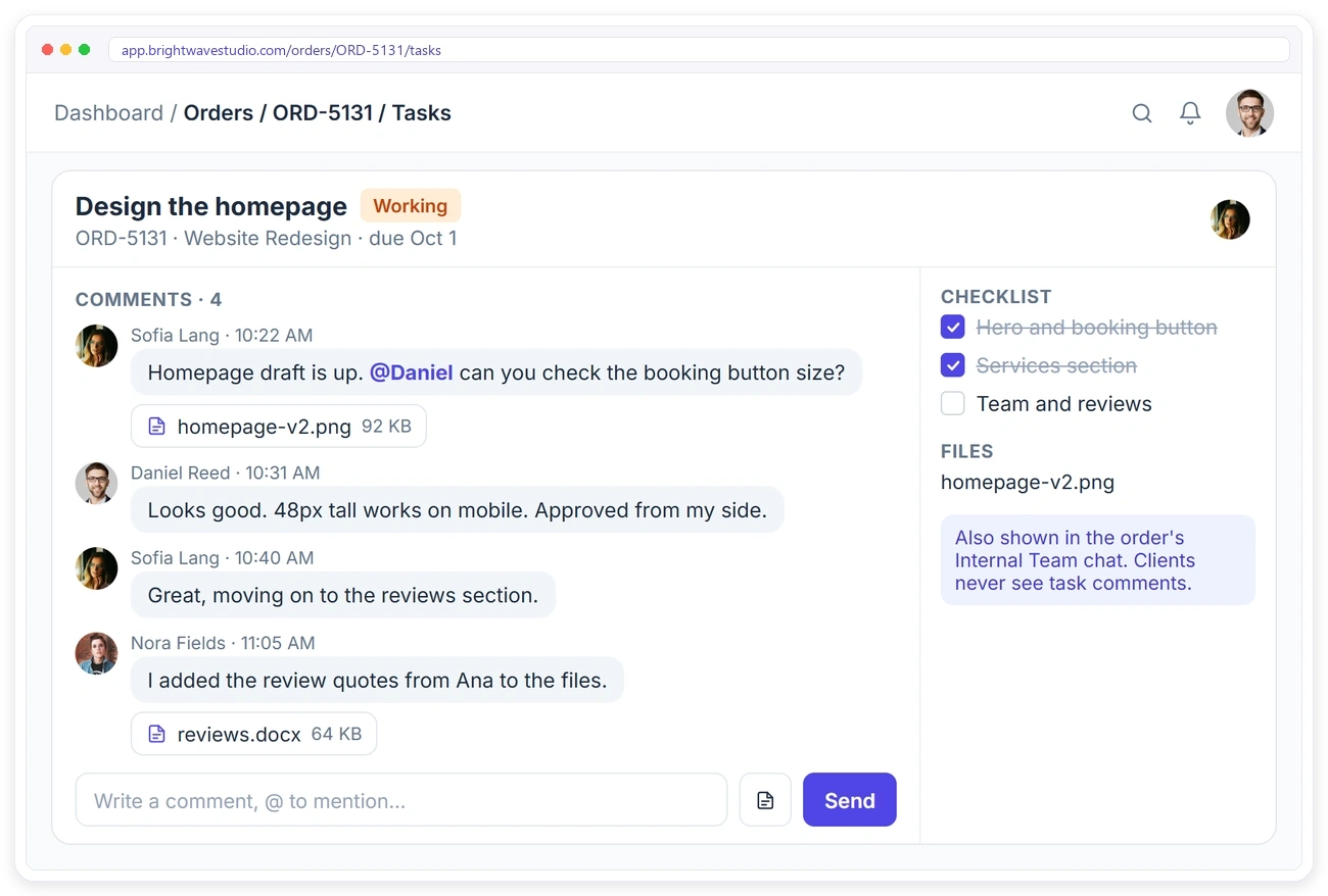 Comments, mentions and files on a single Clientish task, next to its checklist Comments, mentions and files on a single Clientish task, next to its checklist