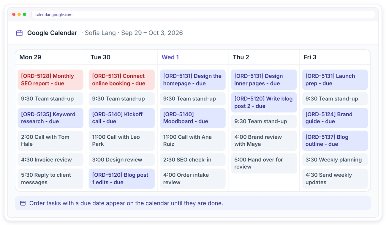Clientish order task due dates shown as events in Google Calendar Clientish order task due dates shown as events in Google Calendar