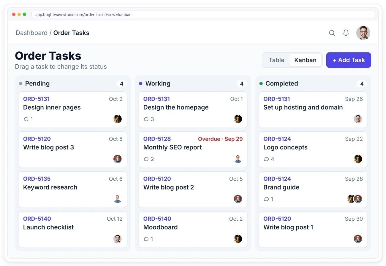 Clientish task kanban board with pending, working and completed order tasks, due dates, owners and comments