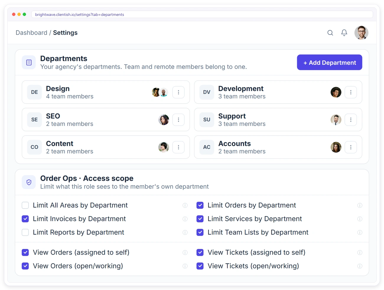Clientish departments and the access scope that limits orders, invoices, services, reports and team lists by department