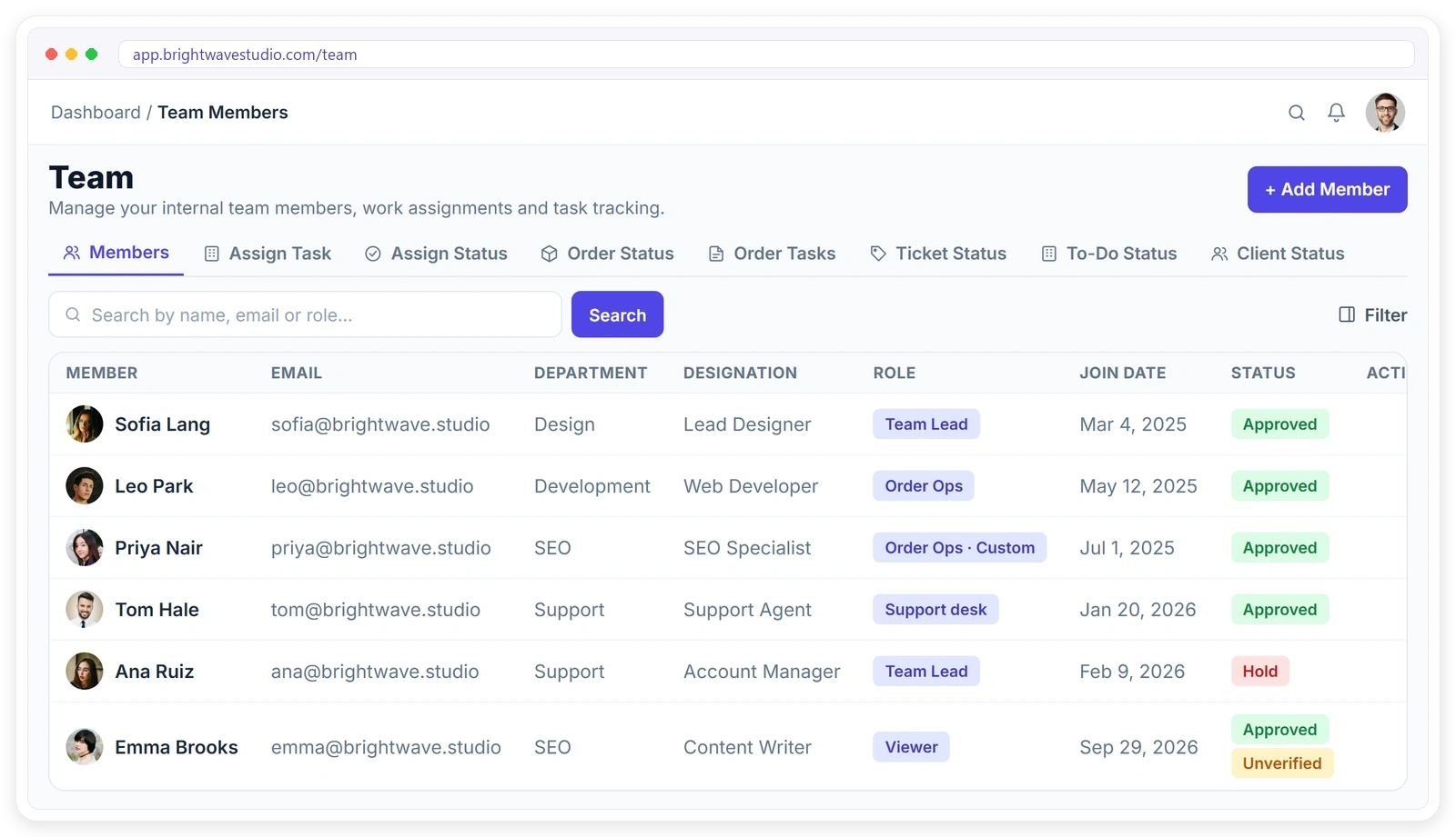 Clientish team management software for agencies: the Team page with members, email, department, designation, role, join date and status