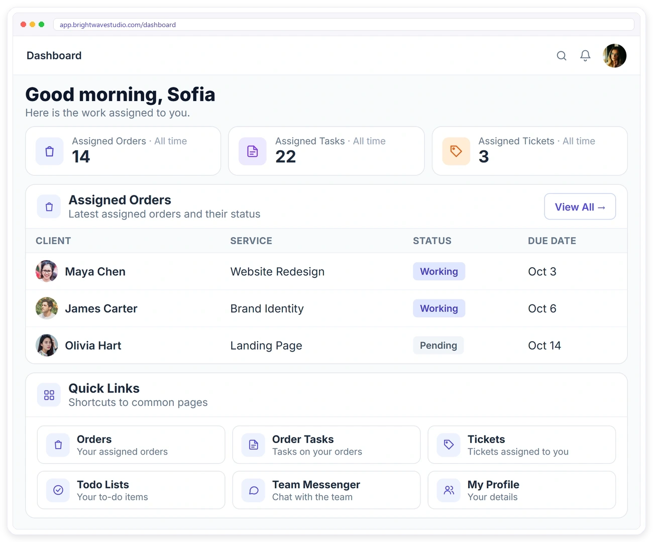 A team member's own Clientish dashboard with assigned orders, tasks and tickets and quick links