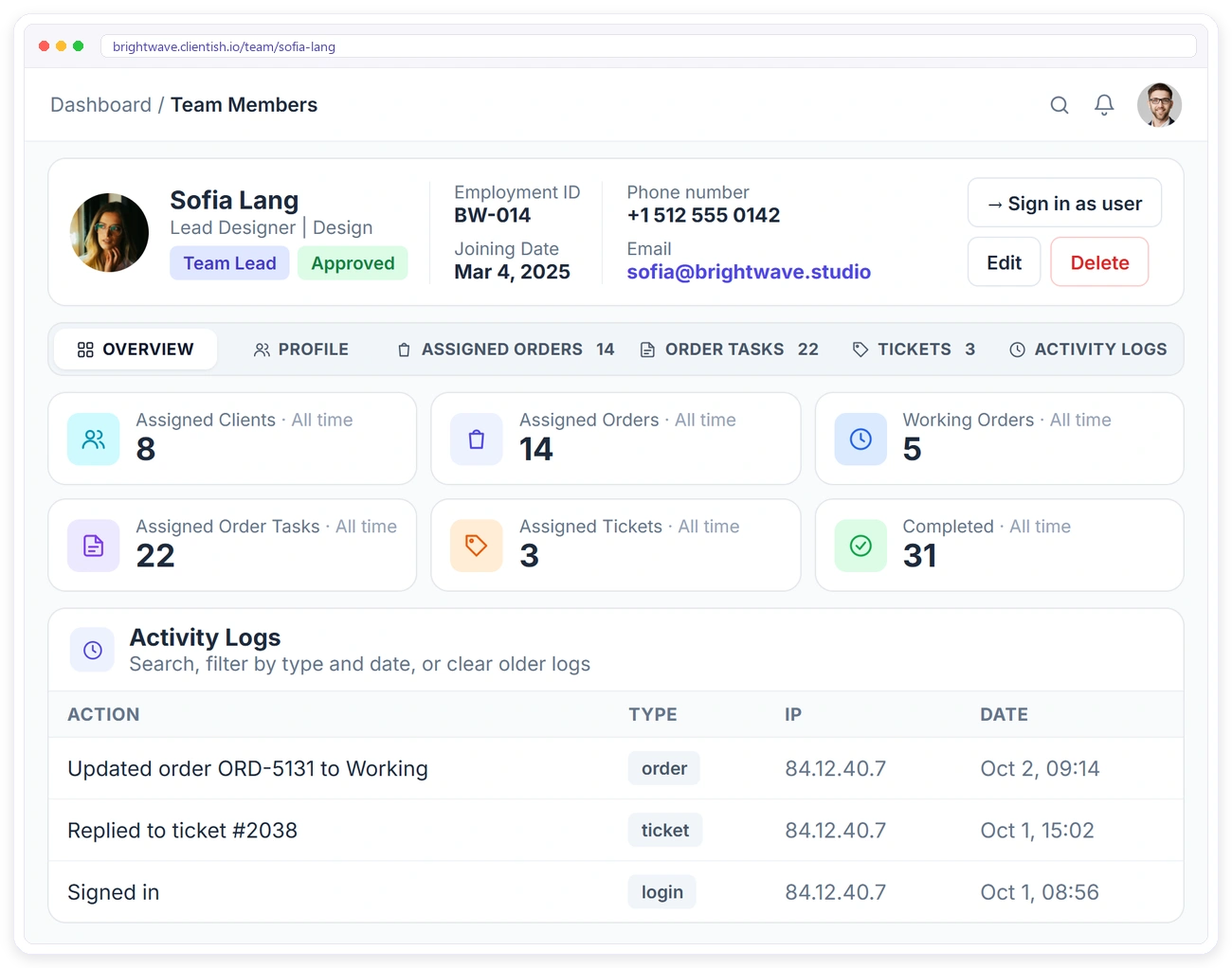 A Clientish team member profile with assigned clients, orders, order tasks and tickets, completed work and activity logs