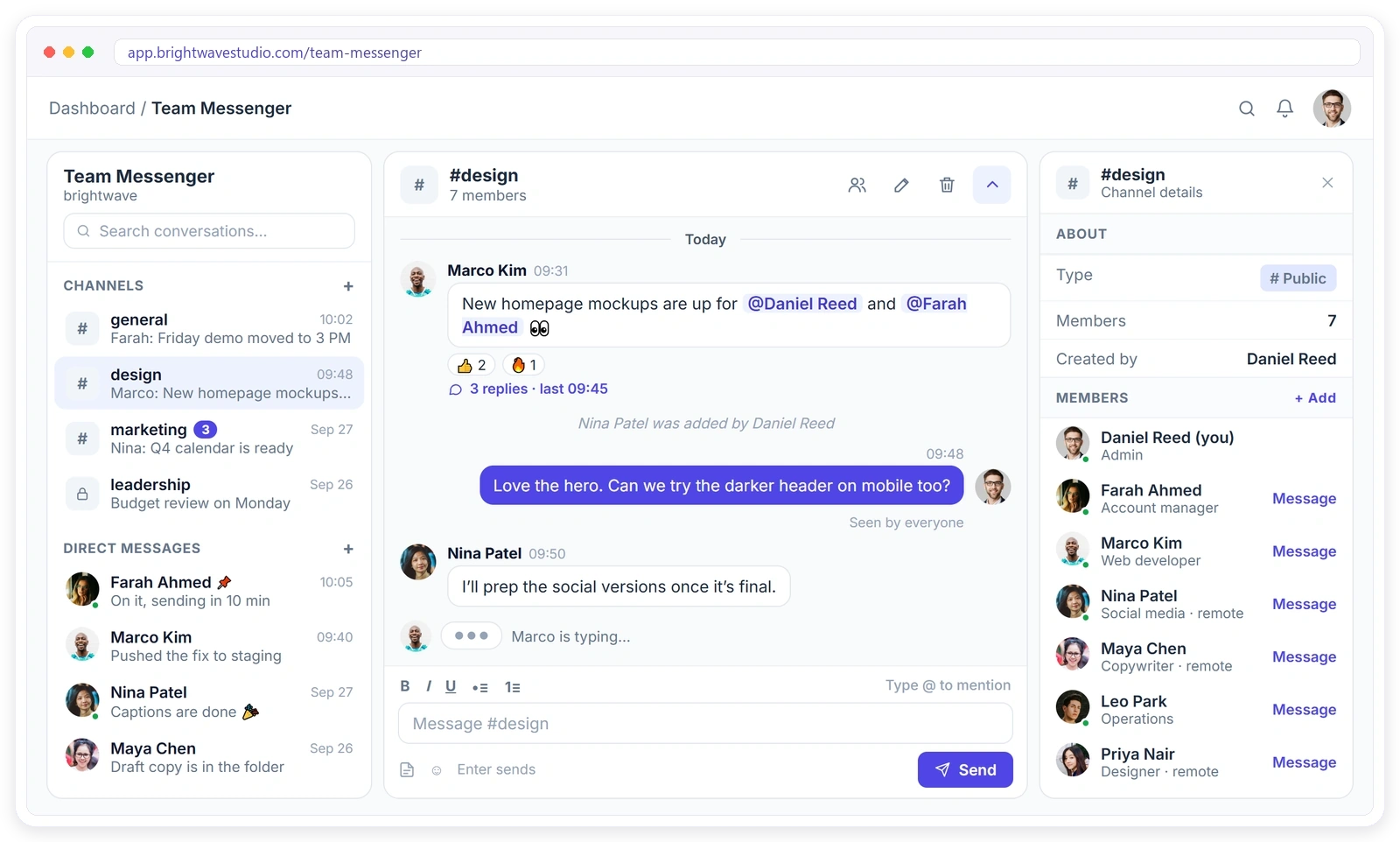Clientish Team Messenger channel with @mentions, reactions, threaded replies, read status and channel members